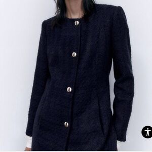 ZARA LONG NAVY BLUE STRUCTURED BLAZER, Size L